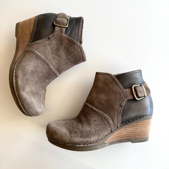 Dansko Shoes - Dansko Shirley Side Zip Leather Suede Taupe Bronze Wedge Boot EU 37 US 6 6.5